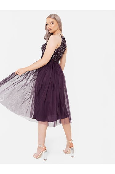 Maya Berry Embellished Halter Neck Midi Dress