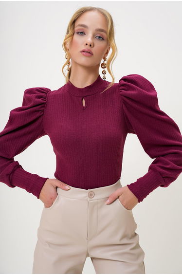 Women's Claret Red Crew Neck Drop Neck Princess Sleeve Knitwear Blouse