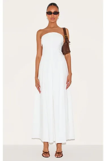 White Bandeau Pleated Dress