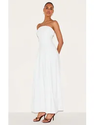 فستان بطيات بأكتاف مكشوفة لون أبيض  - 1