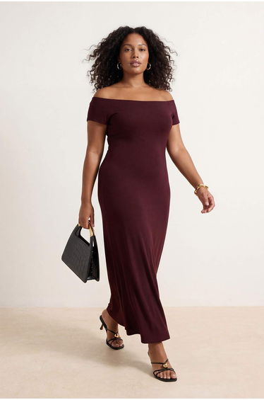 Brown Carmen Collar Stretchy Knitted Maxi Shift Plus Size Dress