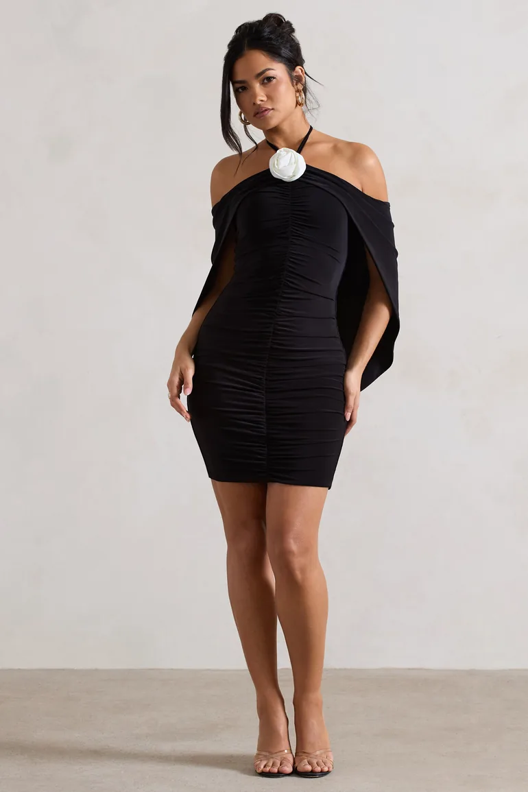 black bridesmaid dresses off the shoulder High-Low Off Shoulder Long Sleeves Black Bridesmaid Dress with Ribbon –  FancyVestido