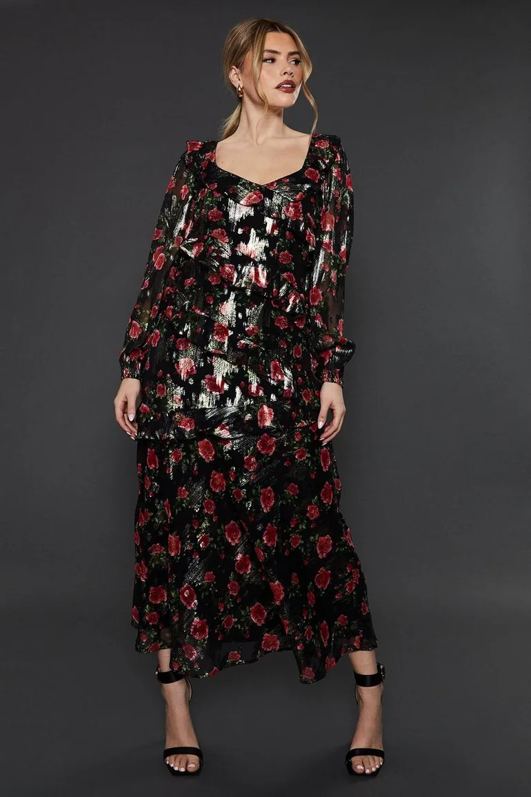 Shop Black Floral Ruffle Long Sleeve Chiffon Metallic Midi Dress Dorothy  Perkins Online in Jordan