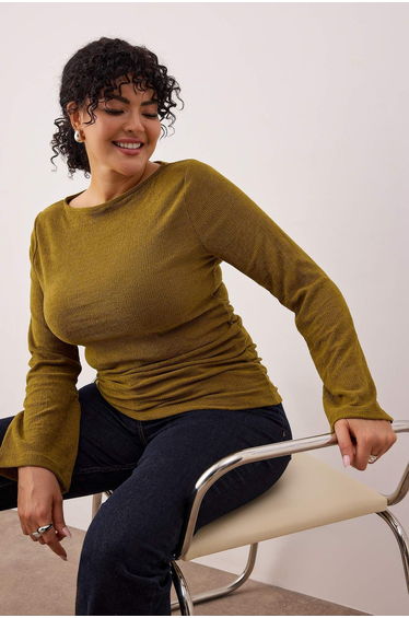 Olive green textured knit plus size blouse