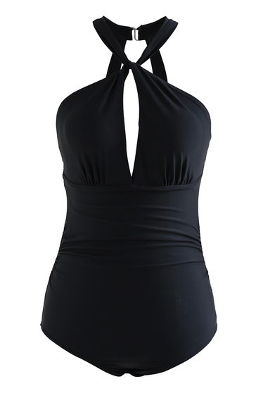 Halter Neck Cut Out Open Back Swimsuit in Black