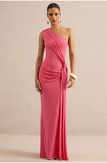 Lunoria | Coral Asymmetric-Neck Maxi Dress With Gathered-Detailing
