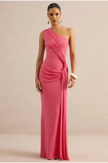 Lunoria | Coral Asymmetric-Neck Maxi Dress With Gathered-Detailing