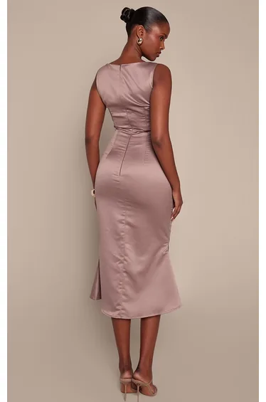 Taupe Satin Boat Neck Fishtail Midaxi Dress