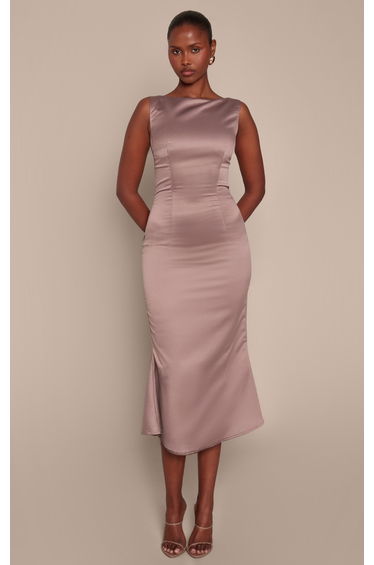 Taupe Satin Boat Neck Fishtail Midaxi Dress