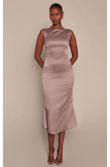 Taupe Satin Boat Neck Fishtail Midaxi Dress