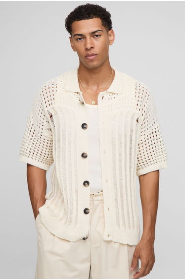Regular Fit Open Stitch Knitted Shirt - ecru