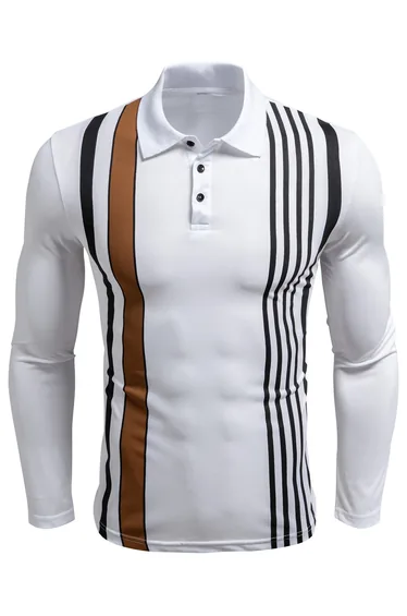 Men Striped Long Sleeve Polo Shirt