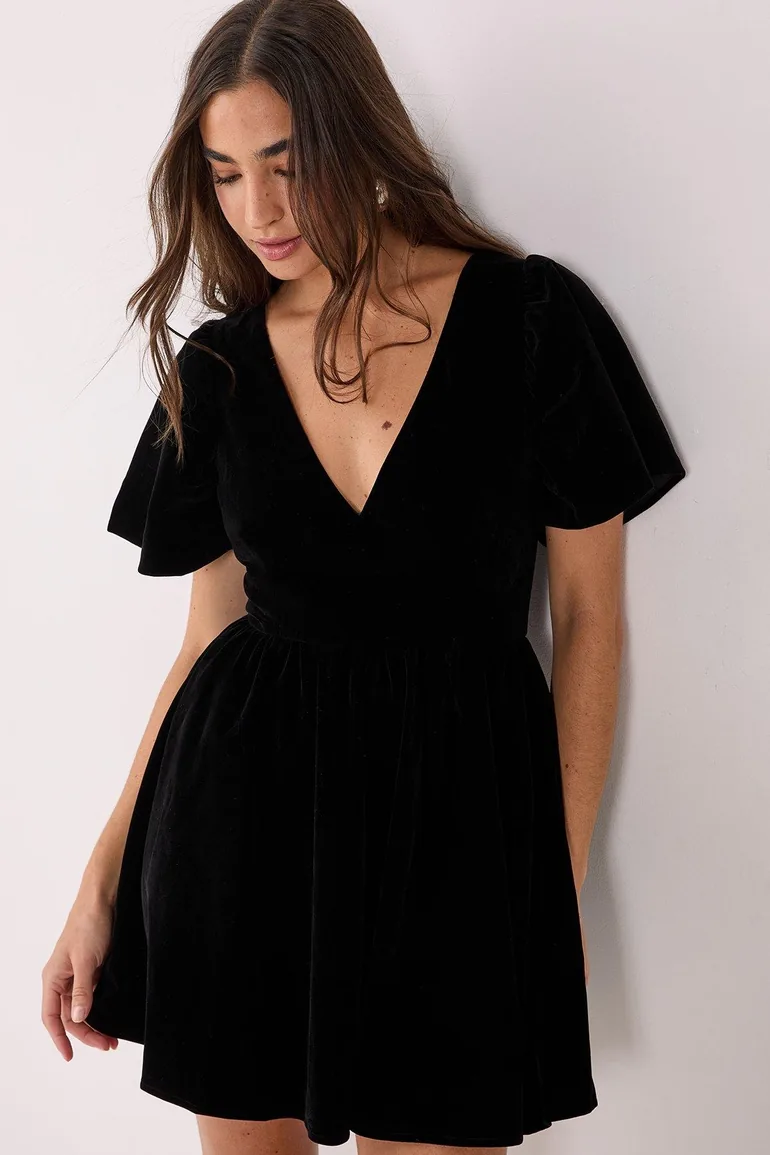 Velvet Puff Sleeve Plunge Skater Mini Dress