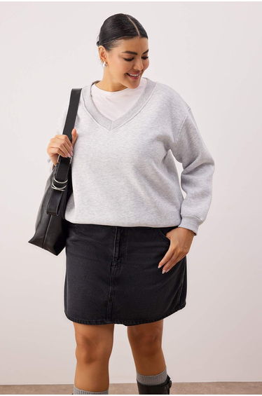 Kar melange v-neck basic fleece-lined plus size sweatshirt