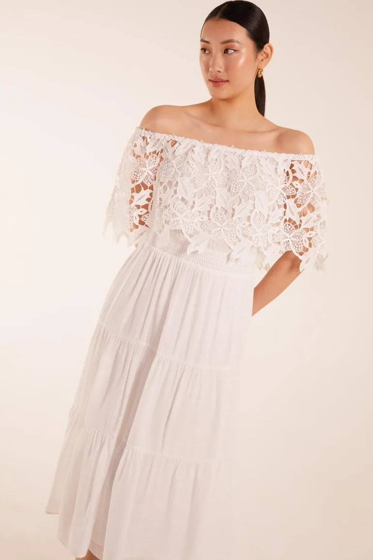Crochet Lace Shirred Waist Midi Dress