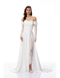 Víctor White Off-Shoulder Lace Panel Maxi Dress - 1
