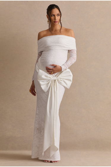 Solina | White Lace Bardot-Neck Maternity Maxi Dress With Bow Detail