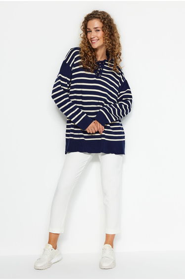 Navy Blue Comfortable Fit Striped Knitwear Sweater