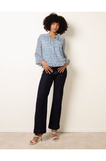 Grandad Tie Neck Puff Hem Watercolour Blouse