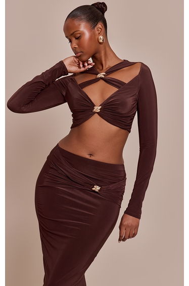 Chocolate Slinky Cut Out Long Sleeve Twist Detail Trim Crop Top
