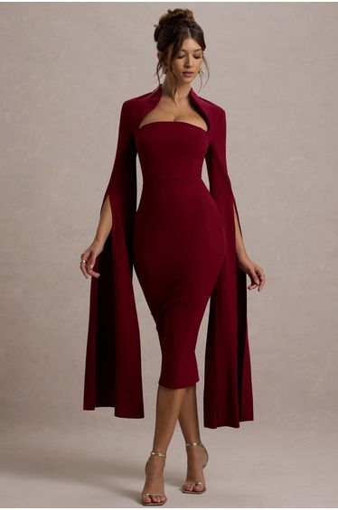 Linden | Berry Bodycon Cape-Sleeve Midi Dress
