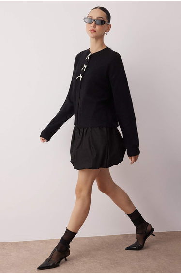 Black Ribbon Detailed Wide Pattern Soft Texture Knitwear Cardigan
