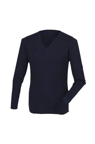 Henbury Mens Cashmere Touch Acrylic V-Neck Jumper / Knitwear - Navy