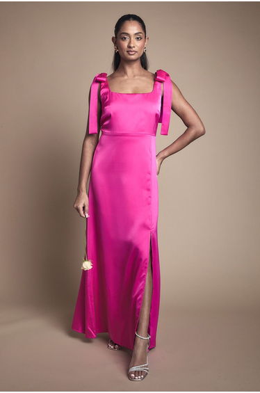 Bright Pink Satin Tie Shoulder Midi Bridesmaid Dress