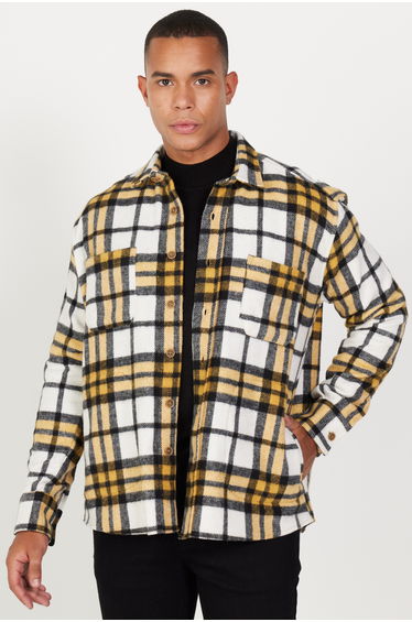 Men's Mustard-black Oversize Loose Cut Button Collar Pocket Plaid Patterned Lumberjack Winter Shirt