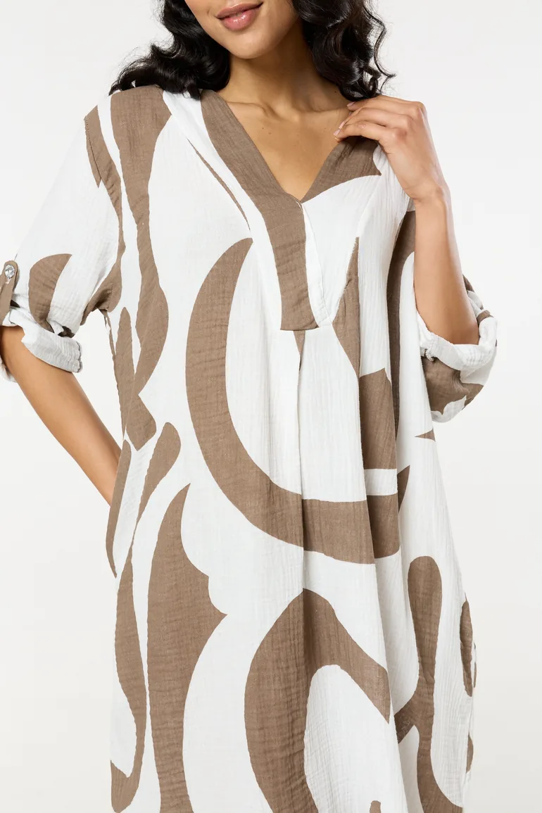 Neutral Abstract V Neck Midi Smock Dress - 7