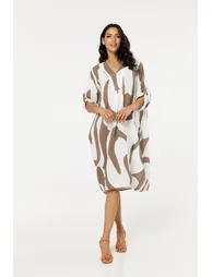 Neutral Abstract V Neck Midi Smock Dress - 2