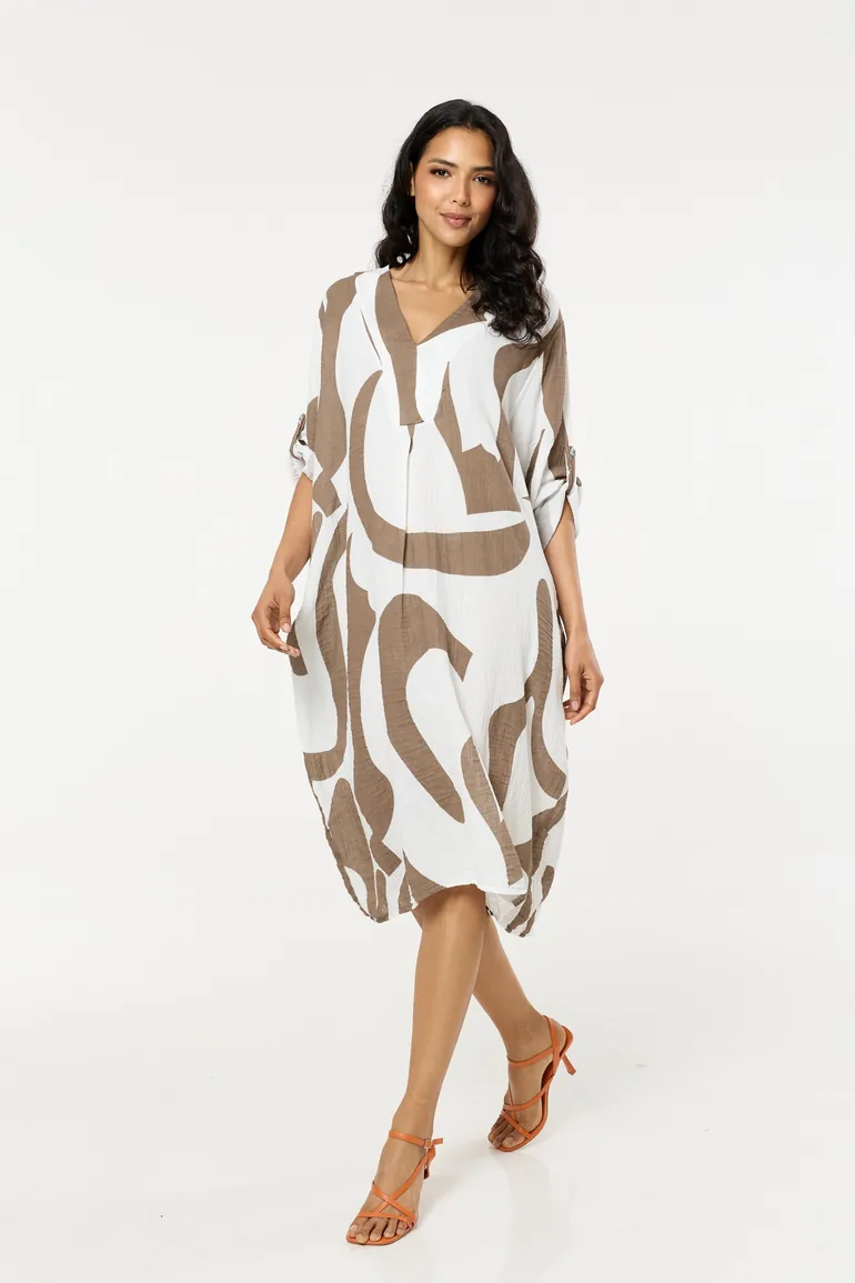 Neutral Abstract V Neck Midi Smock Dress