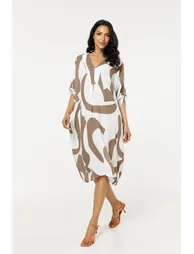 Neutral Abstract V Neck Midi Smock Dress