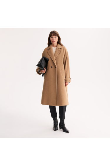 Wool Blend Long Coat with Button Fastening
