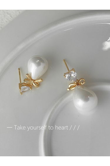 Gold Faux Pearl Bow Drop Earrings