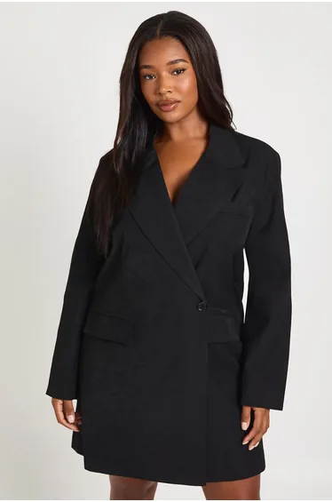Plus Wrap Horn Button Oversized Blazer Dress - black