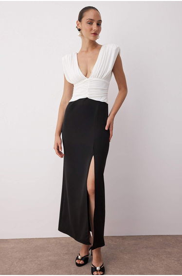 Black-White Color Block Maxi Dress