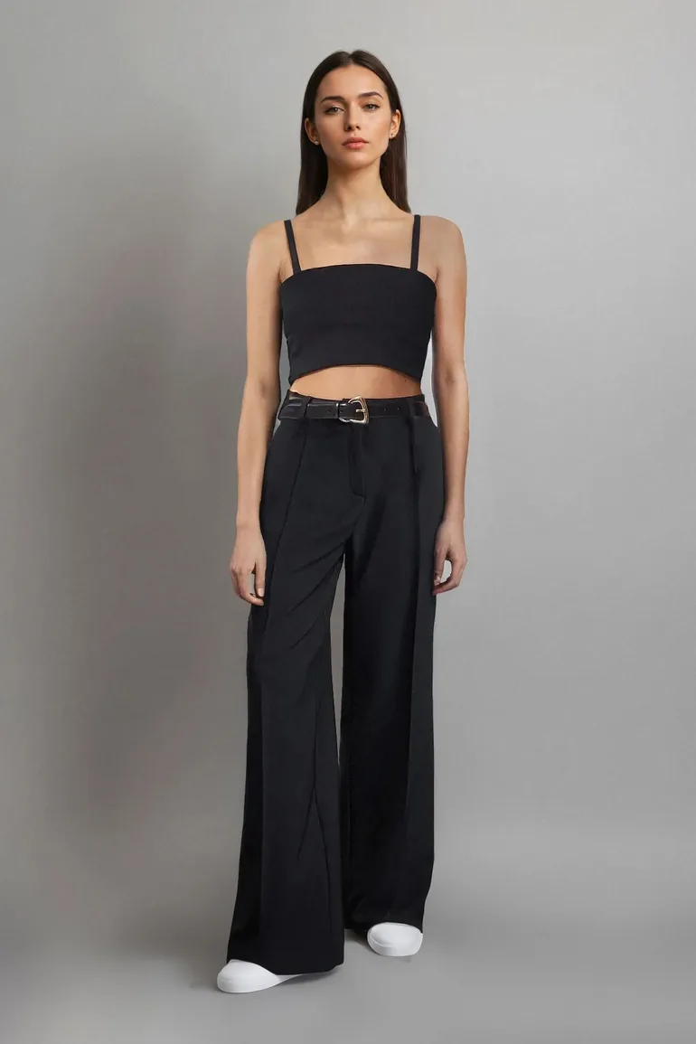 Black Pleated Wide Leg/Wide Leg Woven Trousers - 3