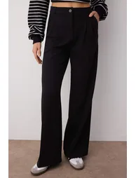 Black Pleated Wide Leg/Wide Leg Woven Trousers - 4