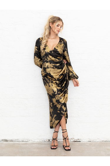 Lovedrobe Black and Gold Long Sleeve Faux Wrap Gathered Midaxi Dress