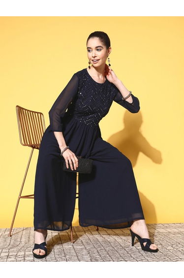 Mirror Embroidered 3/4 Sleeves Flared Leg Jumpsuit