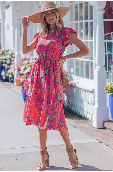 Lvness Rose Flutter Sleeve Belted Floral Long Dress