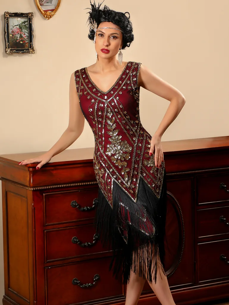 burgundy 1920s dress ZAPAKA Women Burgundy Fringed 1920s Dress Sequin Bodycon Flapper Vintage Dress with Short Sleeves, Burgundy / 3XL