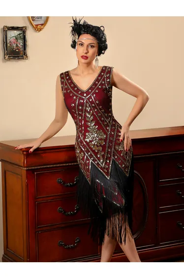 Modecrush Women's 1920s Fringe Trim Sequin Dress Without Arm Sleeves