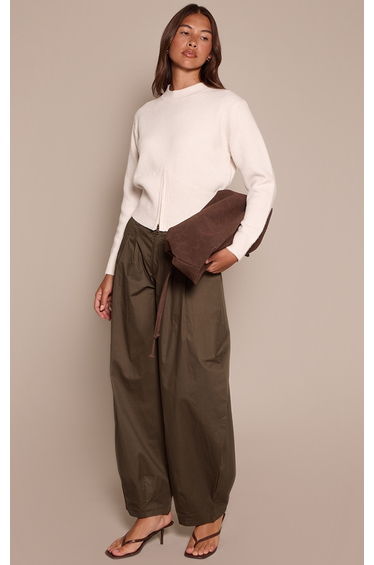 Cream Cinched Waist Zip Hem Knitted Jumper