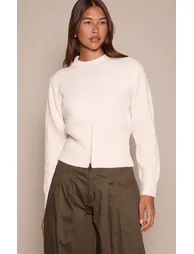 Cream Cinched Waist Zip Hem Knitted Jumper - 1