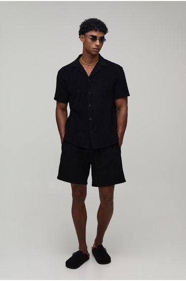 Towelling Regular Fit Revere Shirt & Relaxed Shorts Set - black