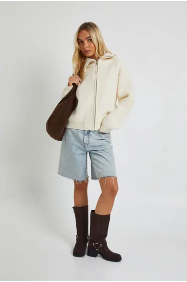 Chunky Boucle Knit Zip Through Jumper - cream