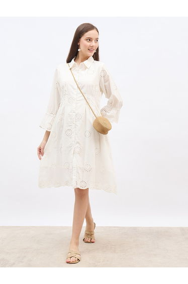 Women White Schiffli Bell Sleeves Shirt Knee-Length Dress