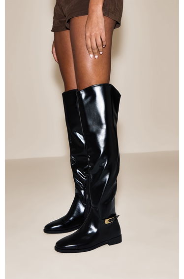 Black Patent Buckled Over The Knee Flat Boot